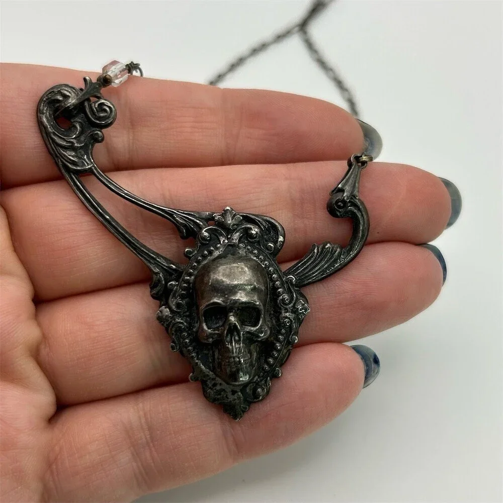 Gothic Skull Pendant Necklace Dark Romantic Victorian Style Statement 19 inches - Picture 8 of 11